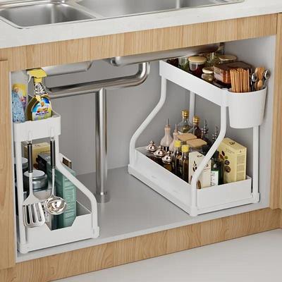 Space-Saving 2-Tier Pull-Out Storage Rack - Durable Plastic, Ideal for Kitchen & Bathroom Organization, Holds Bottles, Spices, and Utensil