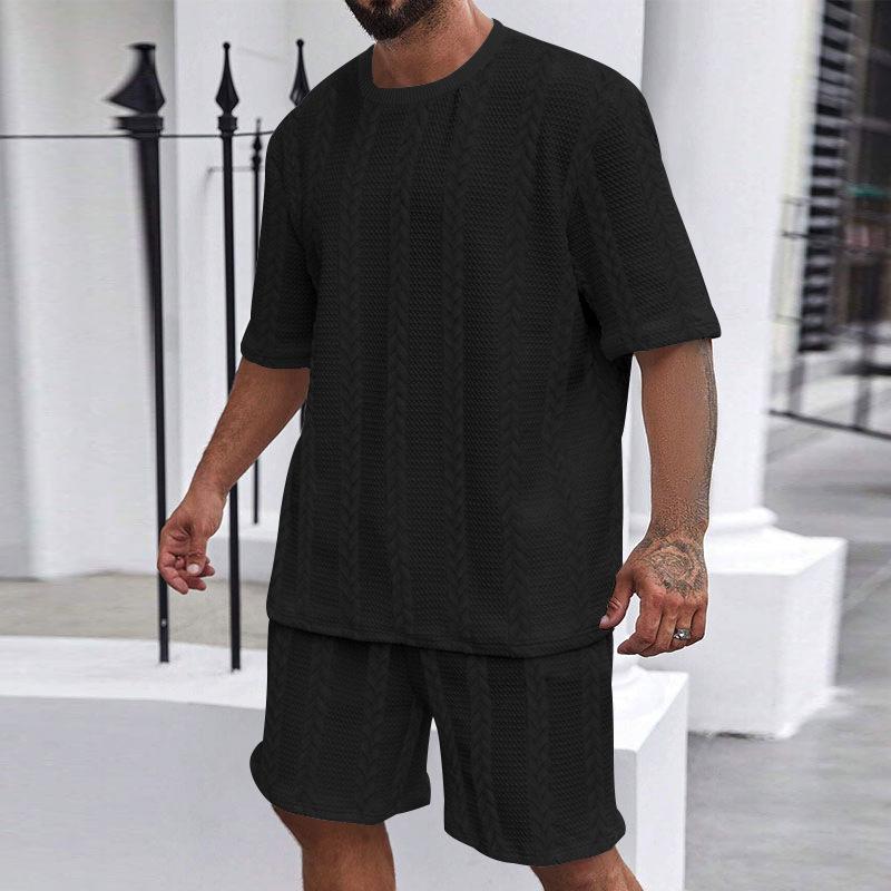 Men's Knit Jacquard Summer Casual Set: Round Neck Pullover & Shorts