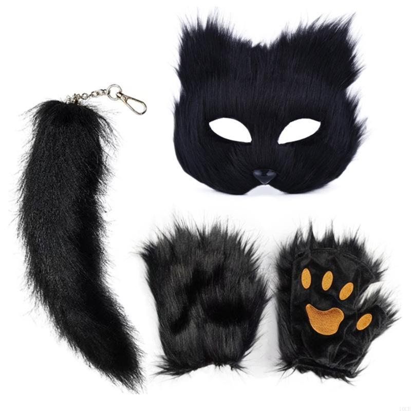 Foxes Tail Plush Face Cover Furry Paws Gloves for Halloween Cosplay Dress Up