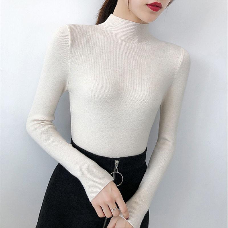 Half Turtleneck Knitted Pullovers Sweaters Women Autumn Winter Primer Shirt Long Sleeve Short Slim-fit Tight Jumper Tops Solid Color One Size
