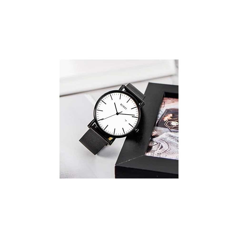 BUREI Men's Analog Watch Waterproof Simple Milanese Mesh Strap White Black