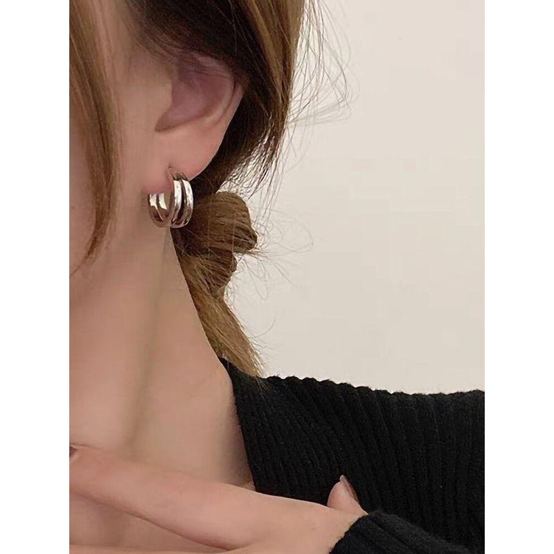 Metal Double Layer Hoop Earrings Ear Clip without Pierced Female Minimalist All-Match Temperamental Stud Earrings Special-Interest Earrings Tide