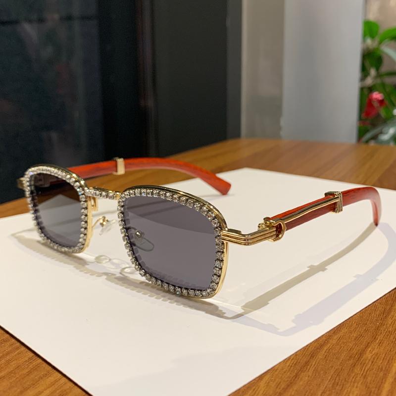 

New Small Box Exquisite Diamond Inlaid Sunglasses Vintage Personalized Sunglasses Wood Grain Sunglasses Leg Sunglasses 98106-1 чорний