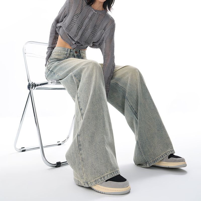 Noua blugi retro pentru femeie americană cu design largi, slim, cu mop, pantaloni largi, pantaloni casual