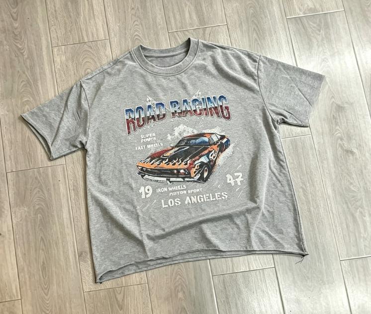 2026 Men Vintage Washed Black Road Racing Race Car Graphic T Shirt Chest Print Crewneck Tees Unisex Oversized Short Sleeve