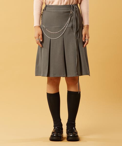 Collet Ribbon Keyring Midi Pleated Long Skirt [Gray]
