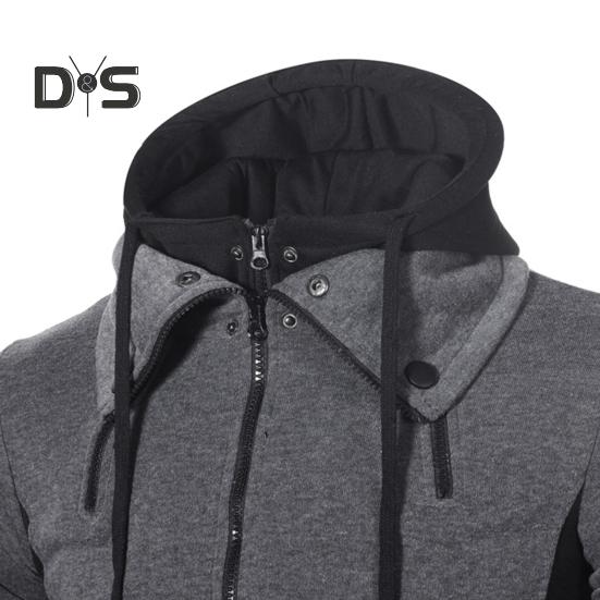 Uomo Autunno Inverno Cappotto con Cappuccio Doppia Cerniera Chiusura Coulisse Colorblock Finto Due Pezzi Giacca Sportiva con Polsini Elastici e Orlo Fitness Outerwear