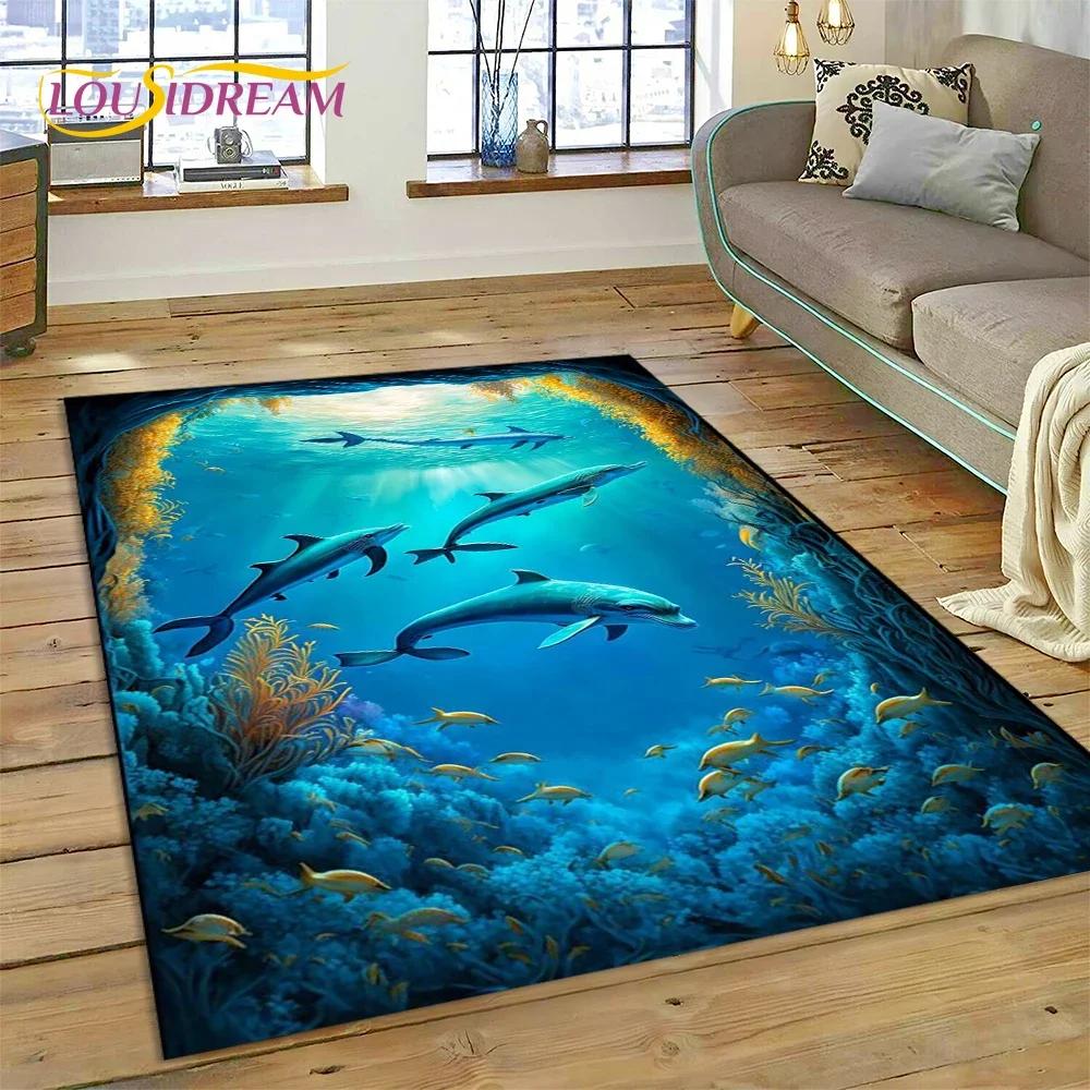 Tappeto Tappeto Decorazione Tappetino per Pavimento Decorazione Cartoon Mondo Sottomarino Illusion 3D Fondo Marino Squalo Delfino per Camera da Letto Soggiorno Divano, Decorazione Bambino