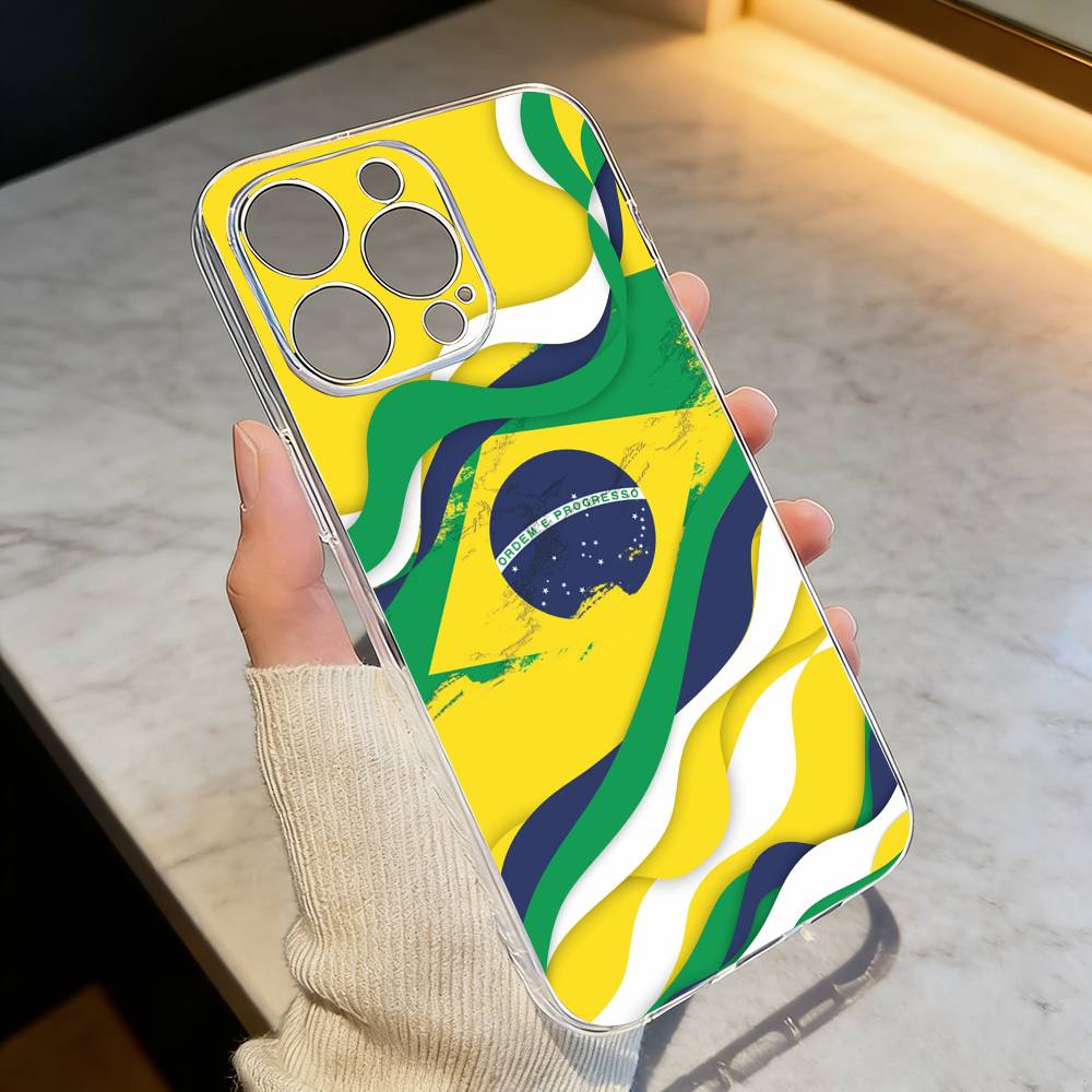 B-Brazil Brazilian Flag Phone Case For iPhone 17 16 15 14 13 12 11 Mini Pro Max Plus Transparent Cover