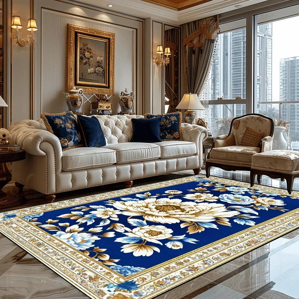 Deluxe European Style Carpet for Living Room Blue Home Decor Bedroom Tea Table Soft Rug Washable Short Plush Lounge Floor Mats