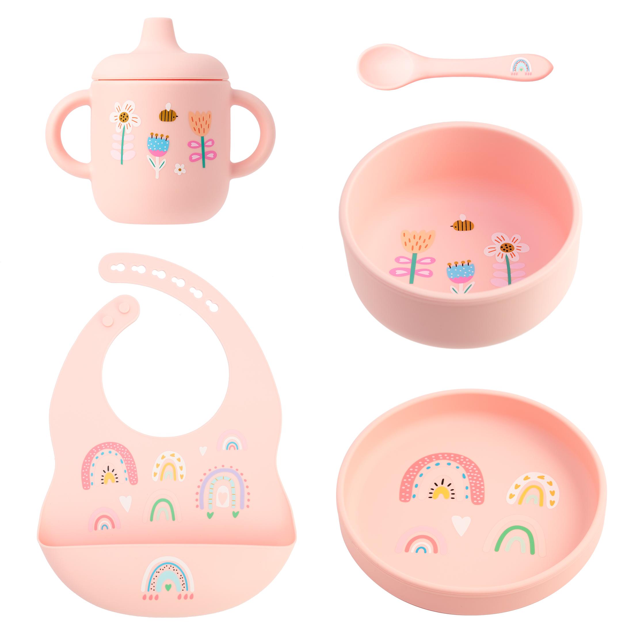 

5PCS Silicone Baby Feeding Set BPA Free Cartoon Plates Bowls Spoon Waterproof Bib Learning Cup Non-Slip Dishwasher Safe 6M+