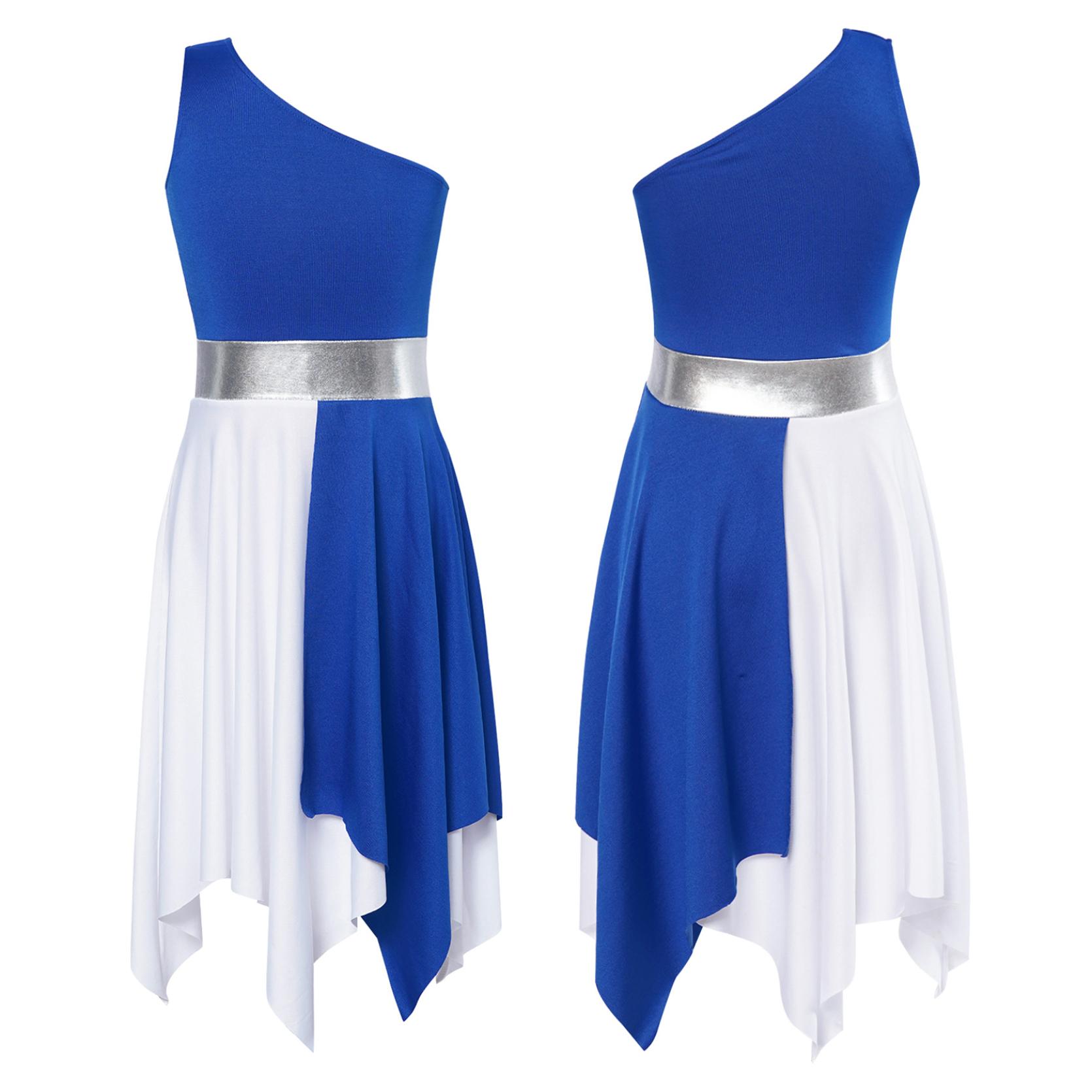 

Детские лирические танцевальные костюмы без рукавов для девочек, асимметричное балетное платье контрастного цвета для фигурного катания 13-14 Years синий