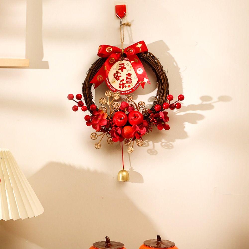 Traditional Chinese New Year Wreath Decorative Exquisite Hanging Wreath Rattan with Bell Artificial Floral Wreath Holiday Party