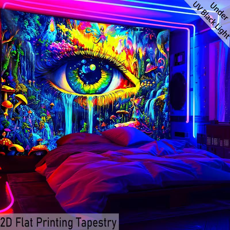 2D Trippy Eye Waterfall Tapestry Blacklight Fantasy Forest Backdrop Cloth for Bedroom