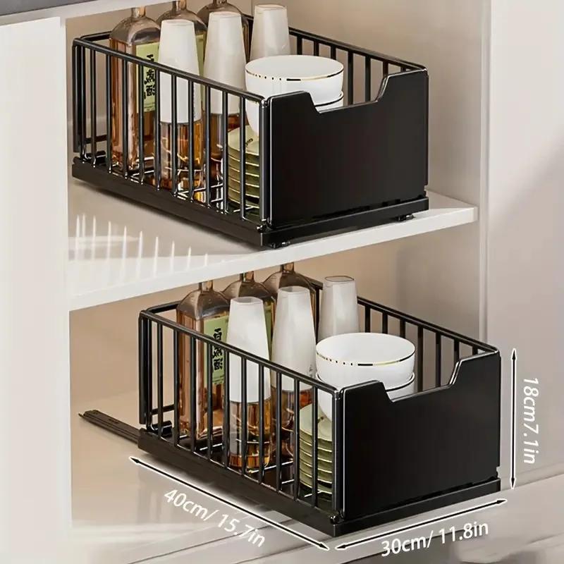 2pcs Pull-Out Under-Sink Storage Basket Foldable Sliding Drawer Organizer for Kitchen Cabinet Pantry Bathroom Accessories