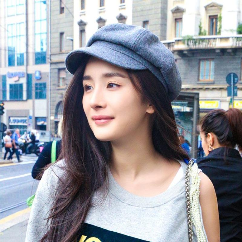 Autumn winter hats children's winter Korean version socialite octagonal hat face trimming duckbill hat black woolen beret