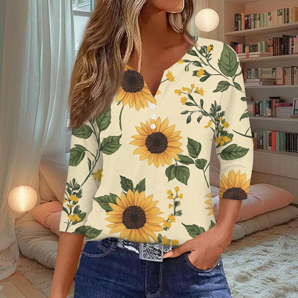 Women's T Shirt Tee Print Button 3/4 Sleeve Daily Weekend Fashion Basic V Neck Regular Top