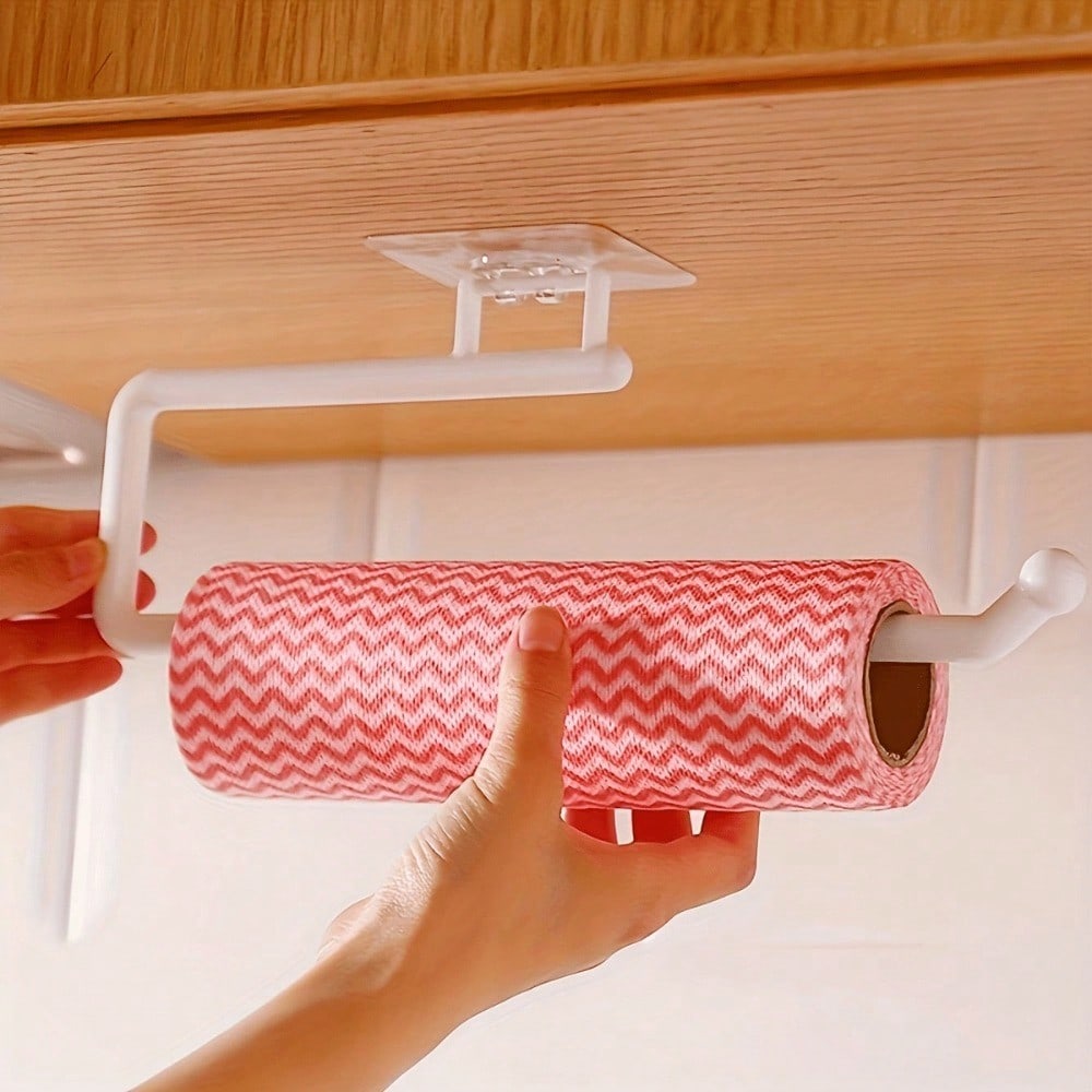 1pc Punch-free Kitchen Paper Towel Rack, Toilet Paper Holder, Paper Roll Rack Hanger, Plastic Film Storage Rack, Rag Storage Rack