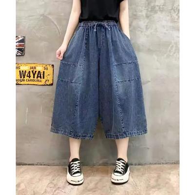 Sommer Elastischer Bund Gebundene Jeans Damen Lockere Weitbeinige Hose Dünne Einfarbige Cropped-Hose