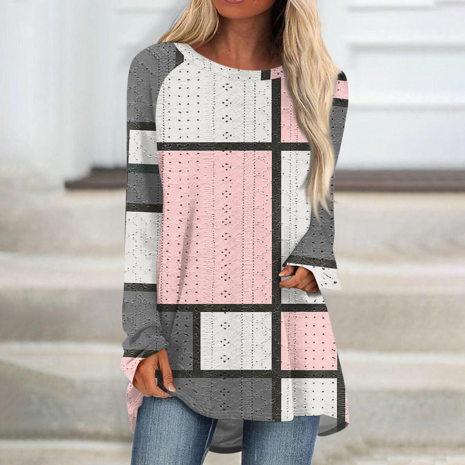 

Женские топы с круглым вырезом, блузки с длинным рукавом, повседневные рубашки средней длины, модные туники с принтом XL розовый