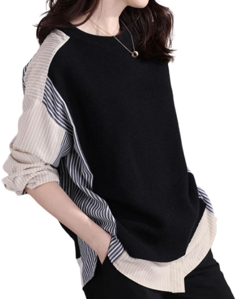 Neiman by Layered Striped Long Sleeve Shirt with Contrast Crew No Plus Fluffy No Office Slimming Senior Women's Pattern, Casual, Spring/Autumn