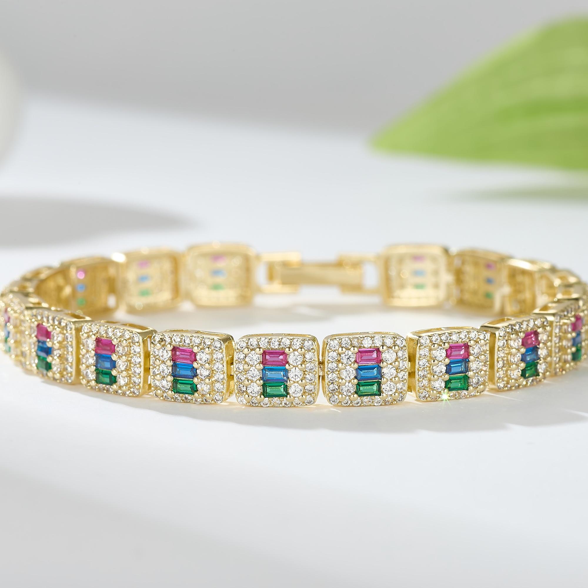 

Разноцветный кубический цирконий 14 карат позолоченный женский браслет 18 см фиолетовый синий зеленый циркон медные браслеты разноцветный