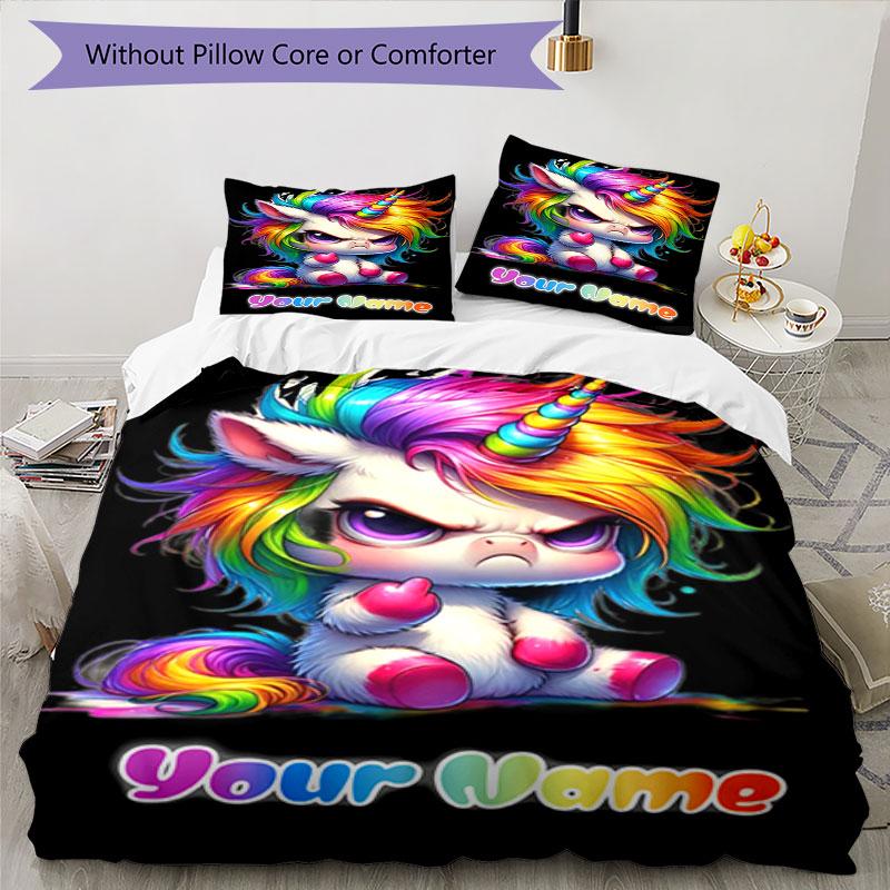 3PC Custom Name Rainbow Unicorn Fantasy Bedding Set Printed Bedding Set Duvet Cover Closure Includes 1 Duvet Cover & 266 Pillowcases for Bedroom