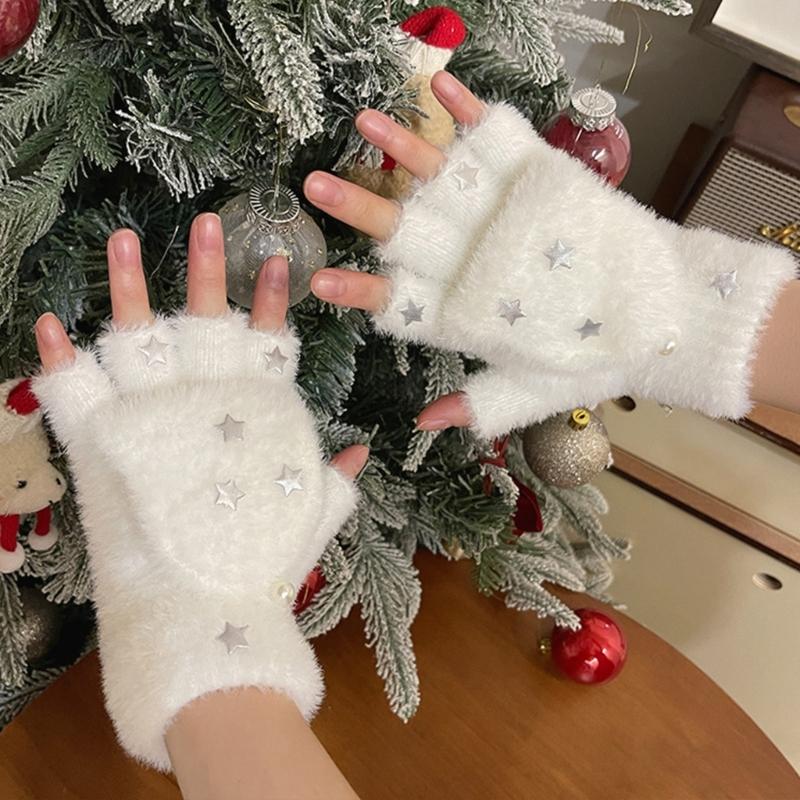 Half Finger Screentouch Gloves with Star Decors Soft Rex Rabbit Furs Short Gloves for Students Girl Winter Daily Wear