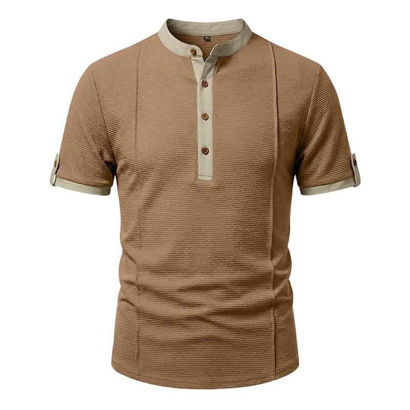 Mens American Retro Textured Henley Short Sleeve Casual Loose Vacation Commuter T Shirt