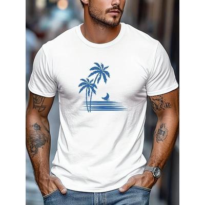 European Size Men's Coconut Tree Print Summer Casual Crew Neck Short Sleeve T-Shirt for Men Fashionable Tee Tops