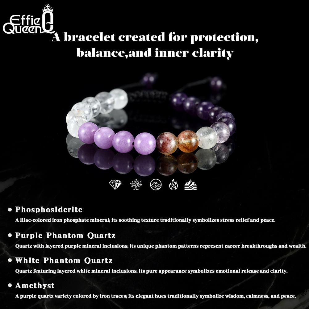 EFFIE QUEEN Handmade Lucky Natural Stone Quartz Bracelet for Women Adjustable Amethyst Protection Vintage Bangles Gift GMB104