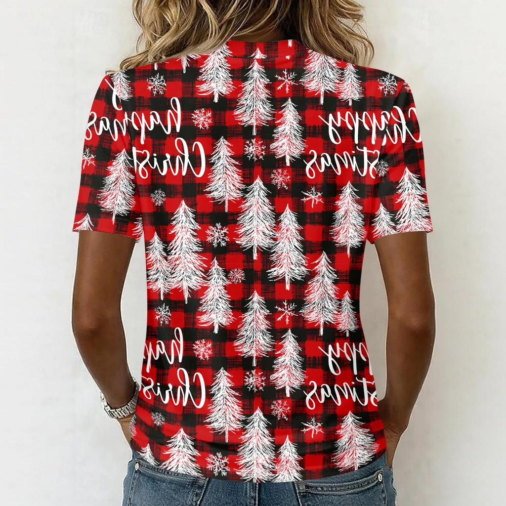 Women's Casual Short Sleeve V-Neck Christmas Print Pullover Top