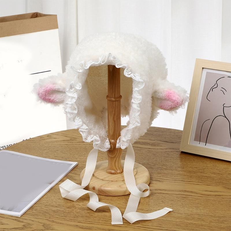 Furry Cartoon Head Cover with Ear for Outdoor Sports Furry Hat Bonnet Lamb Oversized Headgear Hat for Winter