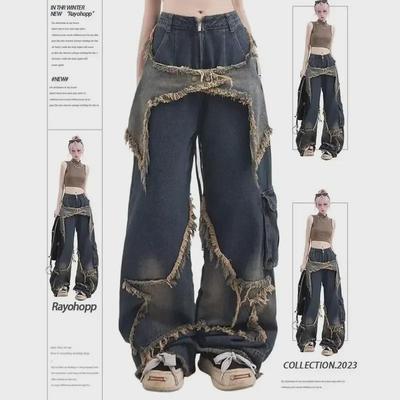 Men's Wide-Leg Retro Jeans with Pentagram Design and Distressed Big Pockets