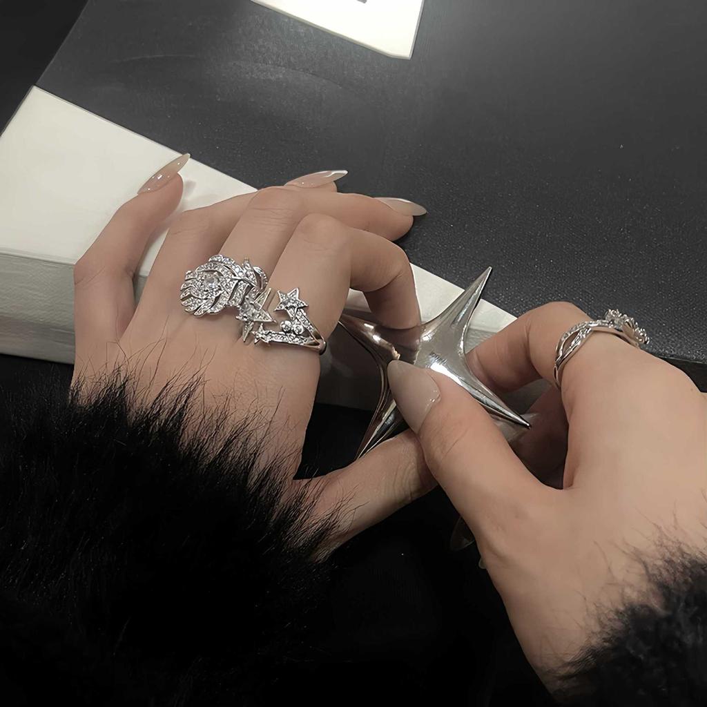 Light Luxury, High-End Feeling, Full Of Diamonds, Zircon Feathers, Camellia, Star Light Opening Ring, Niche Design, Stacked Personalized Ring