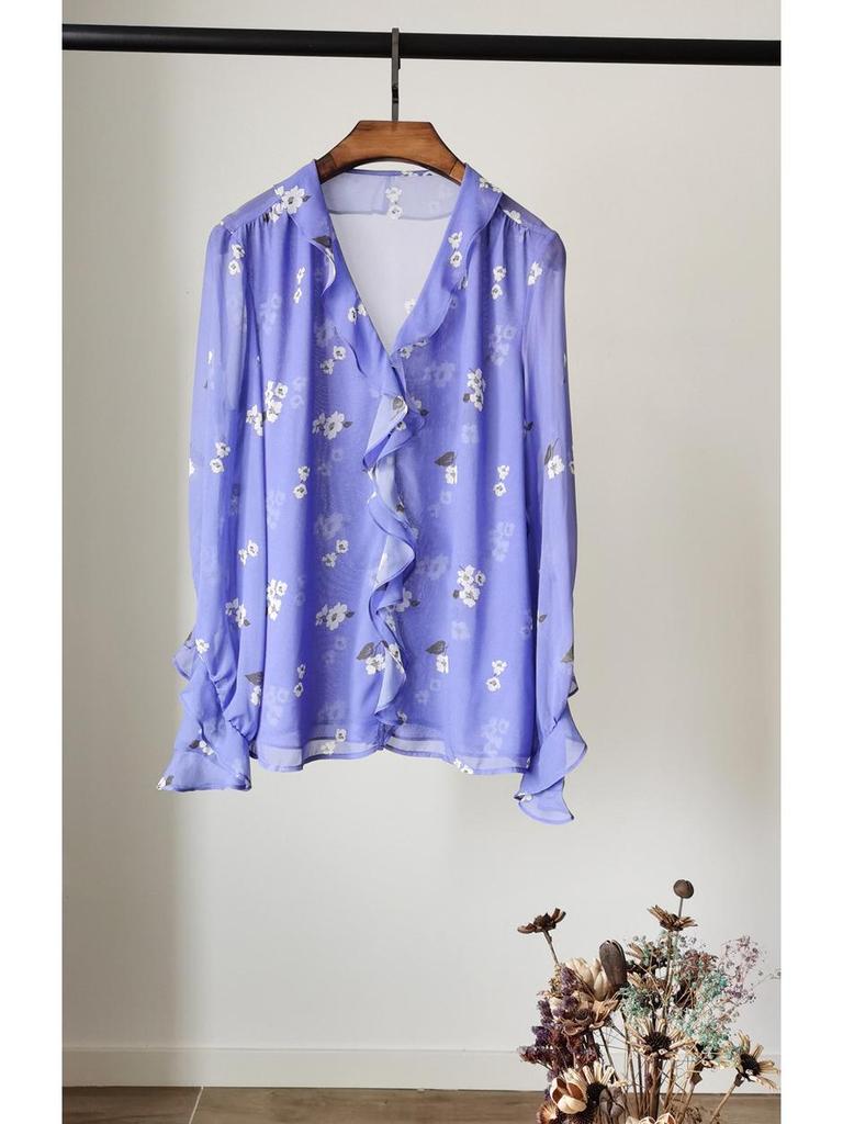 Damen Maulbeerseide V-Ausschnitt Bluse - Französisch Lila, Rüschen, Geknöpft, Doppellagig