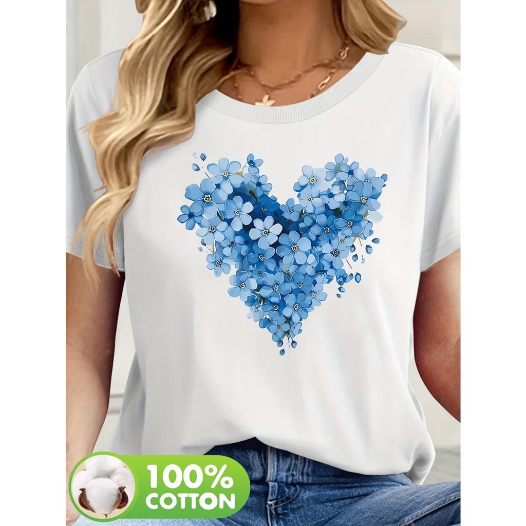 Women'S Heart Print T-Shirt - Blue Floral Design, Casual Round Neck Short Sleeve Tee, Breathable & Machine Washable for Spring/Summer