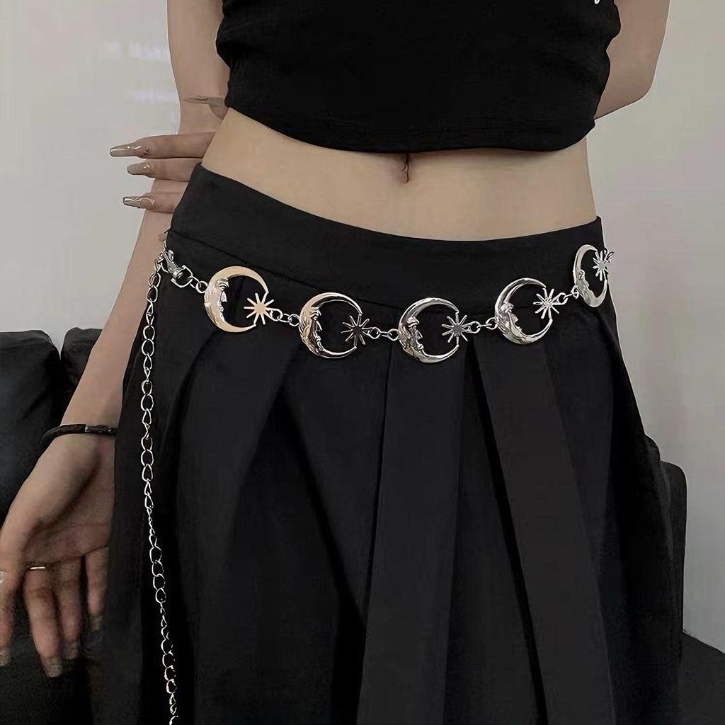 Vintage Punk Metal Chain Waist Belt for Women Sun Moon Butterfly Gothic Hip Hop Dress Jeans Waistband Long Fashion Accessory