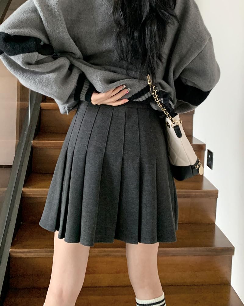 Sharphon Tweed Pleated Plus Size Mini Uniform Solid School with Sailor Suit Skirt, Size, Autumn/Winter, Thick, Lined, 38, Skirt, Knee-Length, Color,