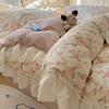 Cotton Floral Print Bedding Set Princess Style Lace Duvet Cover Sheet Pillowcase