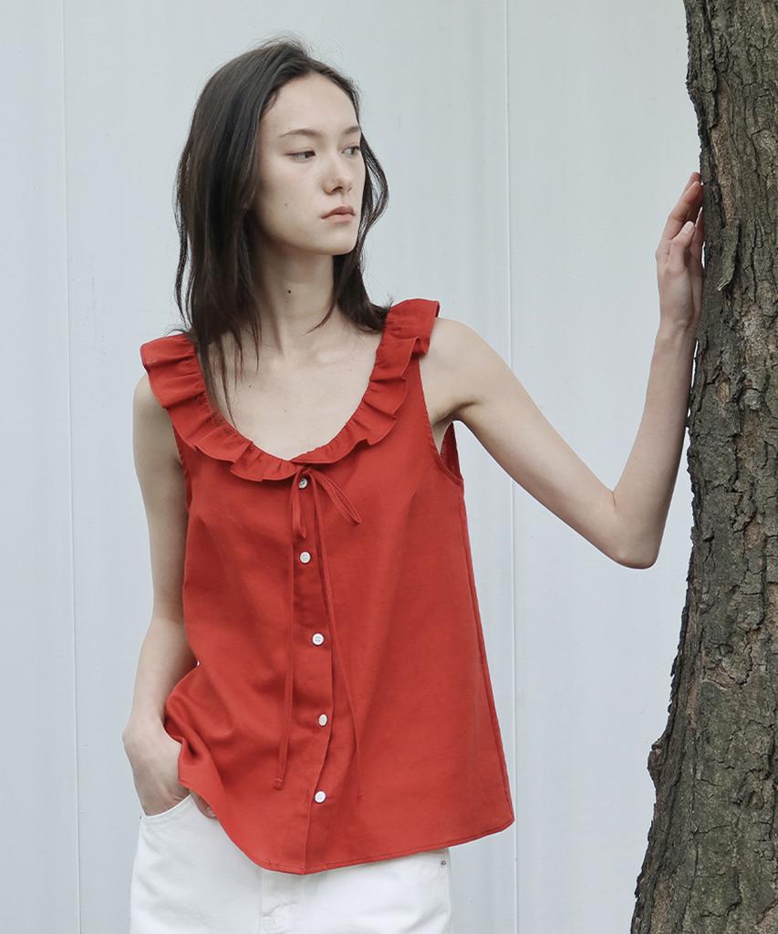 Kwinseulaebis Natural Linen Ruffled Ribbon Vest_Red_2Colors