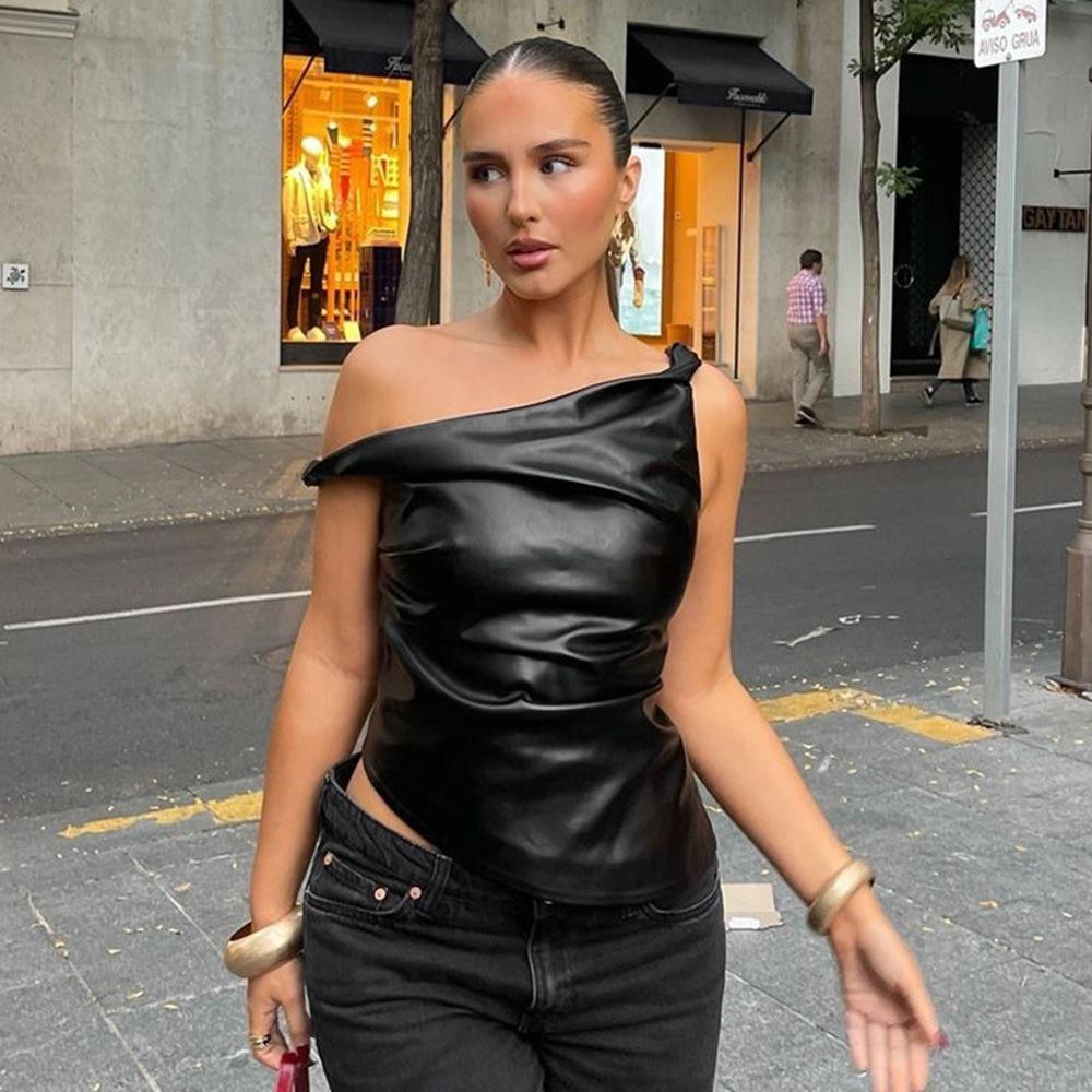 

Sleeveless Vest New Leather Slanted Shoulder Personalized Fashion Irregular Top S