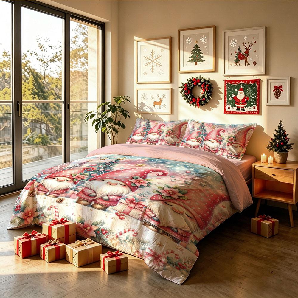 3 Pcs Christmas Duvet Cover Set Three Gnome Santa Christmas Tree Print Warm Bedding Set 1 Cover 2 Pillowcases