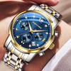 PINDOWS Diamond Business Dress Analog Quartz Luxury Waterproof Luminous Date Stainless Steel Classic Fashion Watch Men's Watch, Display, Two-Tone
