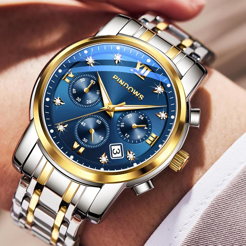 PINDOWS Diamond Business Dress Analog Quartz Luxury Waterproof Luminous Date Stainless Steel Classic Fashion Watch Men's Watch, Display, Two-Tone