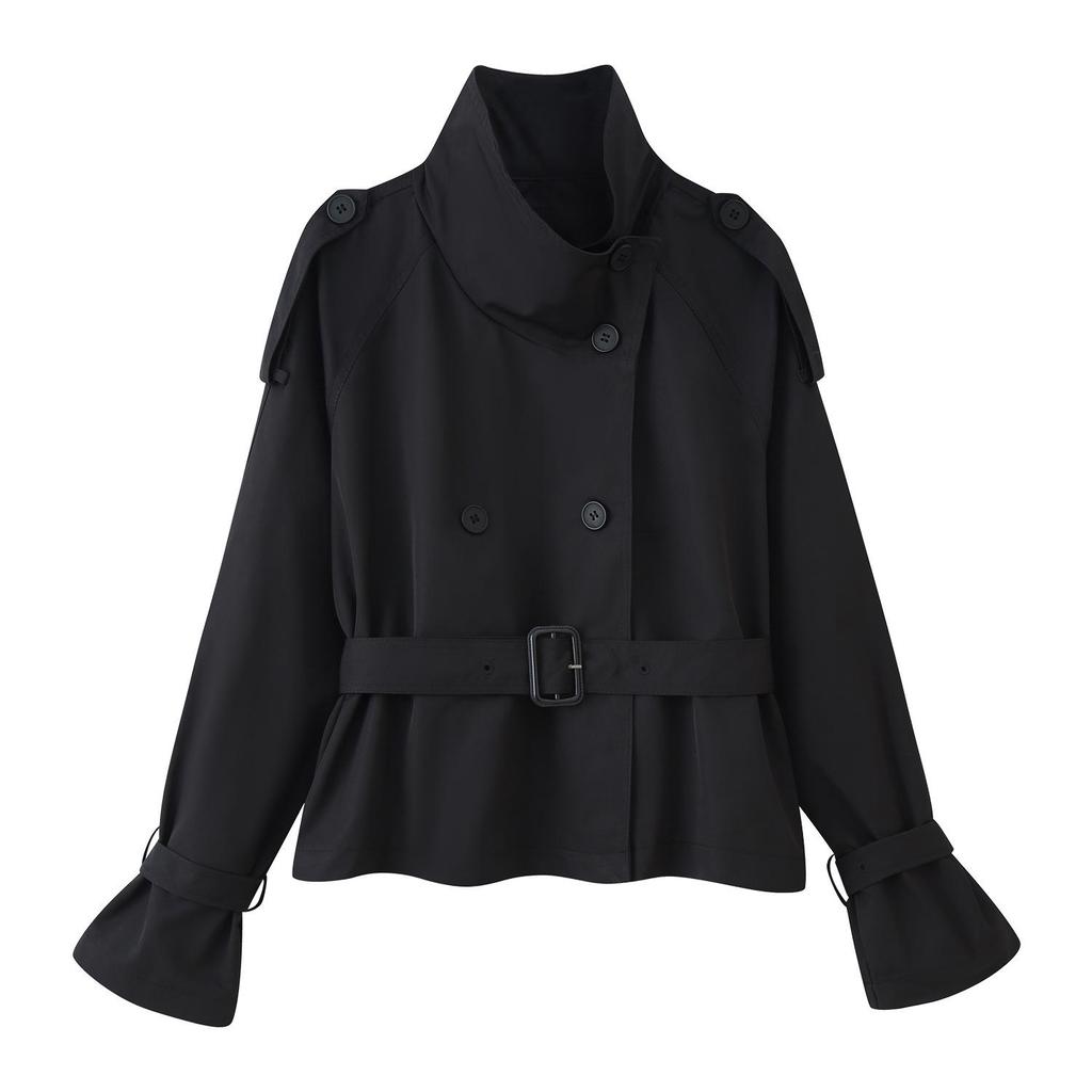 European & American Style Women's Fashion Double-breasted Stand Collar Twill Waist-cinching Short Jacket 2025