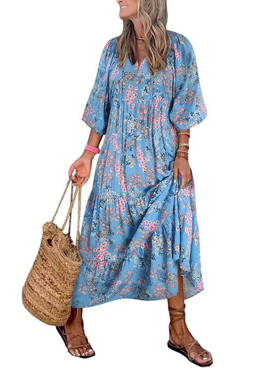 2023 Autumn New Independent Station Hot-selling Geometric Printing Bubble Sleeve Dress Street Fried Street Large Size Women's Clothing