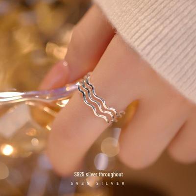 Banyan Tree S925 Silver Korean Triple Wave Open Ring for Women - Minimalist Style
