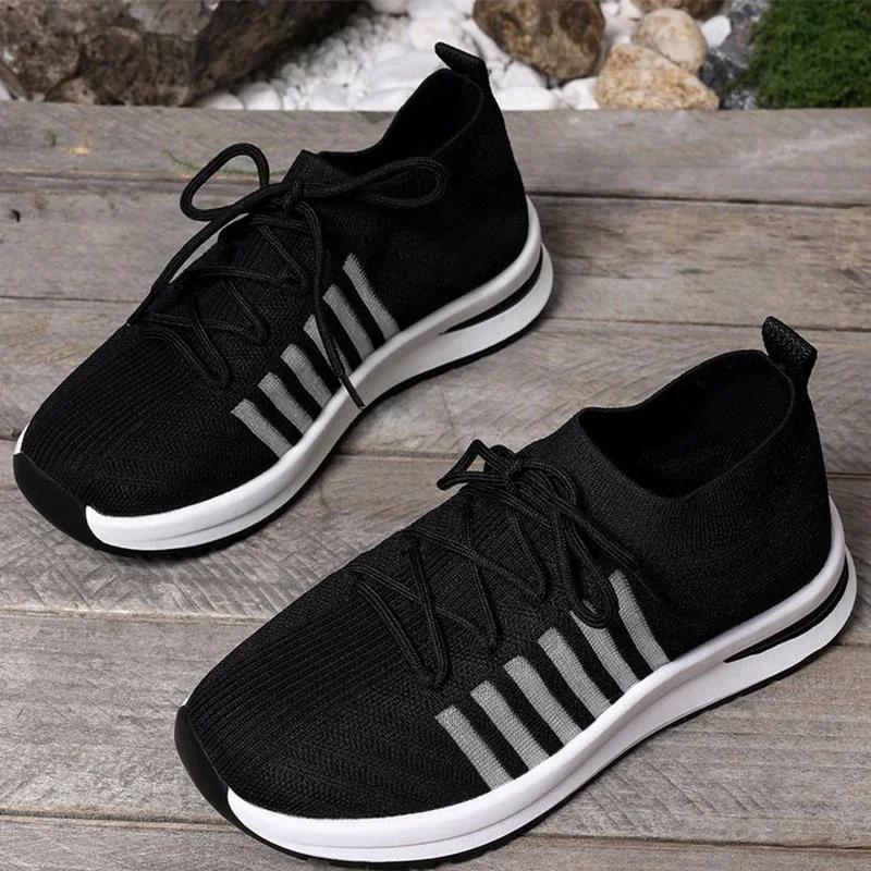 Fashion Black Breathable Mesh Sneakers Shoes Women Spring Autumn Comfortable Lace-Up Shoes Women Striped Lightweight Female Sports Shoes
