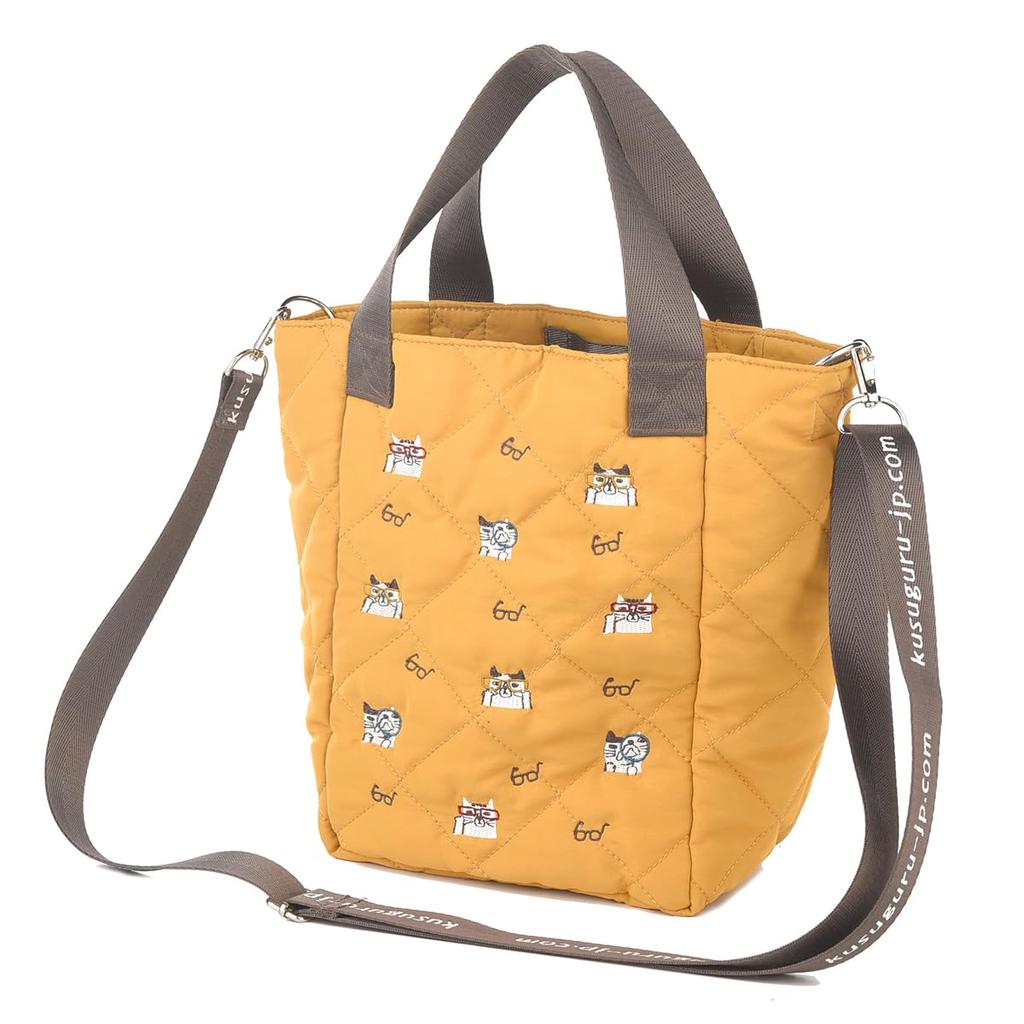 [Kusuguru Japan] Water-Repellent Quilted Polyester Tote Bag, 2-Way, Women's, Mustard
